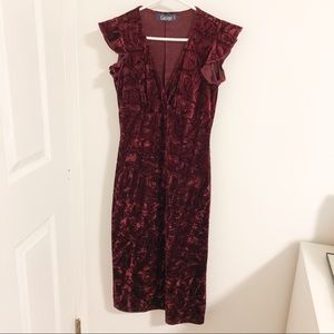 Velour Ruffle-Sleeve Bodycon Midi Dress